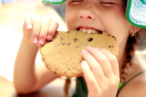 Sweet child taking a bite out of an enormous chocolate chip cookie on a nice summer day.